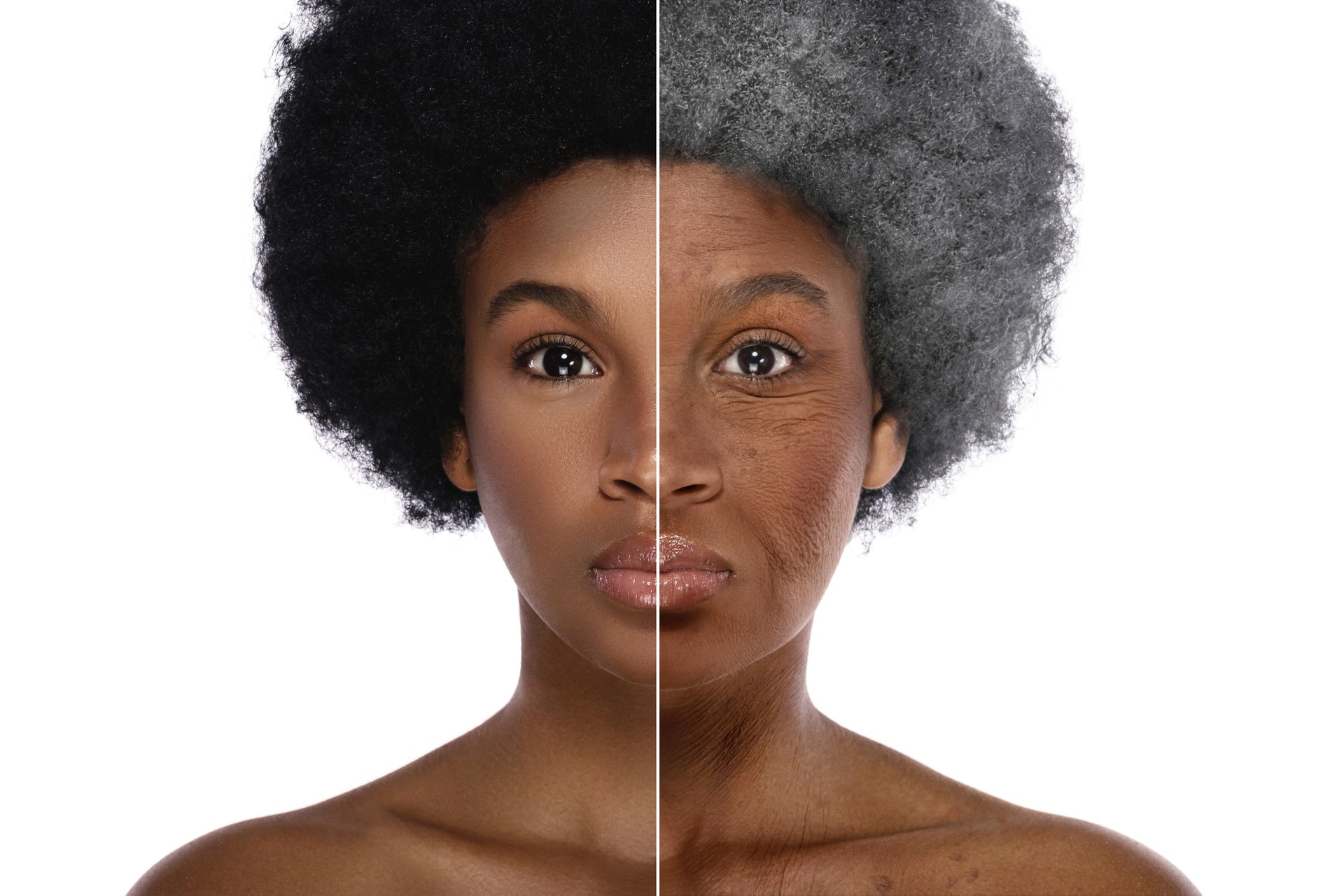 Comparison of young and elderly. African woman on white background.